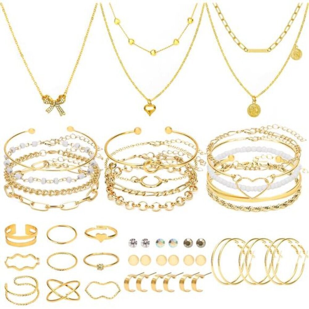 Gold Jewelry Set – Layered Necklaces, Bangles, Rings & Earrings Assortment
